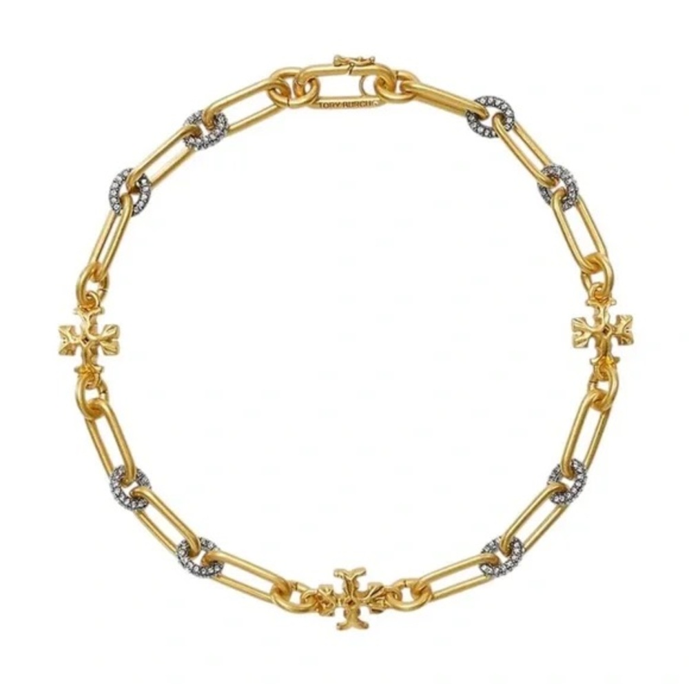 TORY BURCH • Gold Roxanne Chain Crystal Logo Necklace Includes Jewelry Bag